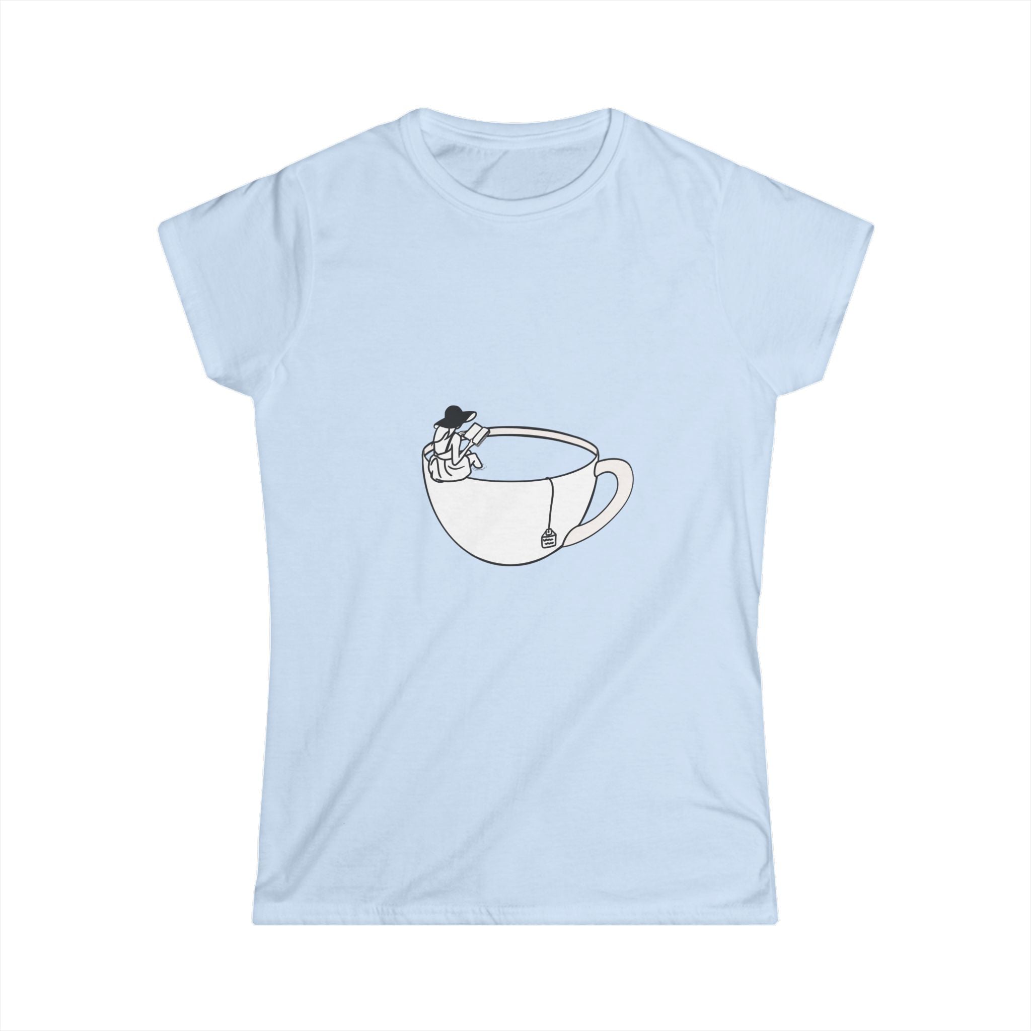 Hot Tub of Tea & Books - Women's Softstyle Tee - Light Blue - Bookish Nostalgia