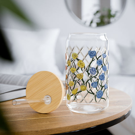Rainbow Flower Sipper Glass – 16oz with Bamboo Lid & Straw