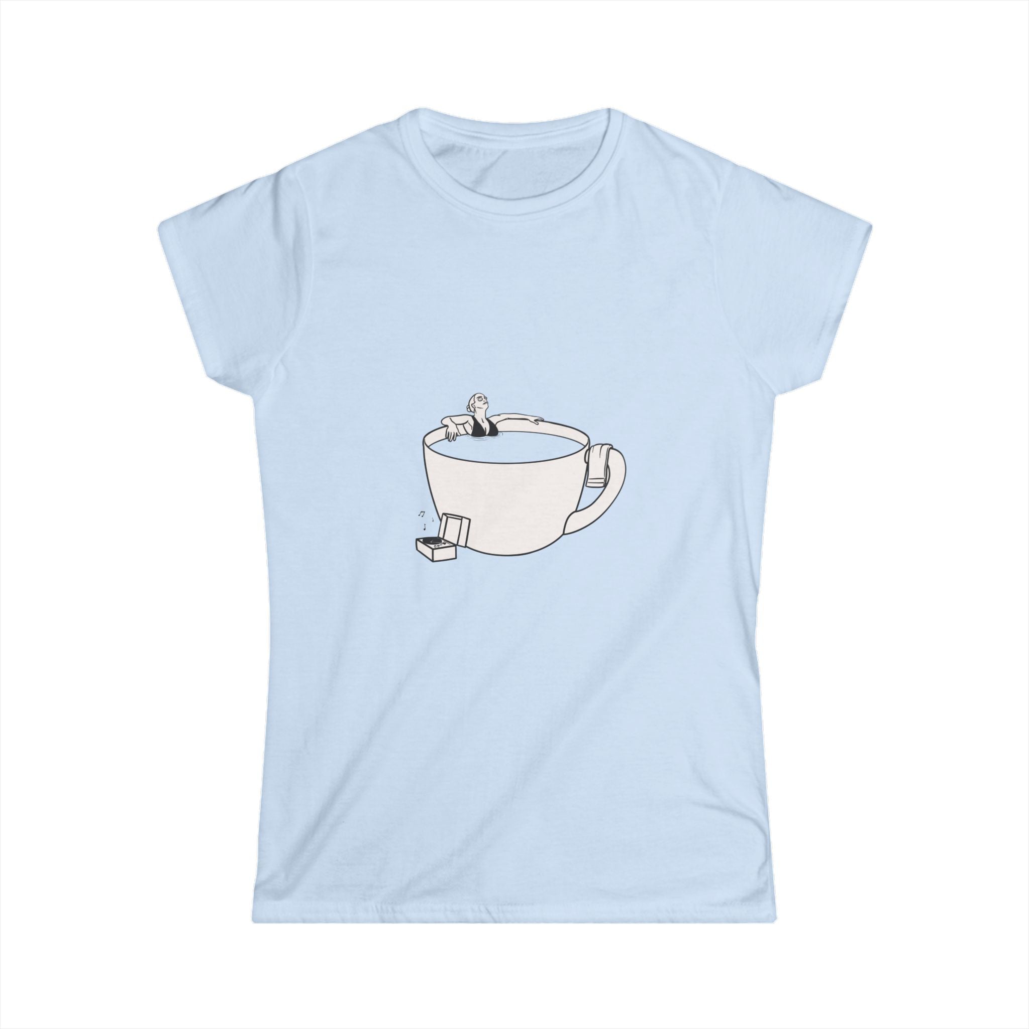 Hot Tub of Coffee & Music - Women's Softstyle Tee - Light Blue - Bookish Nostalgia