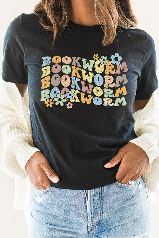 Book Worm Reading Floral Graphic Tee | Heather Black | Bookish Nostalgia