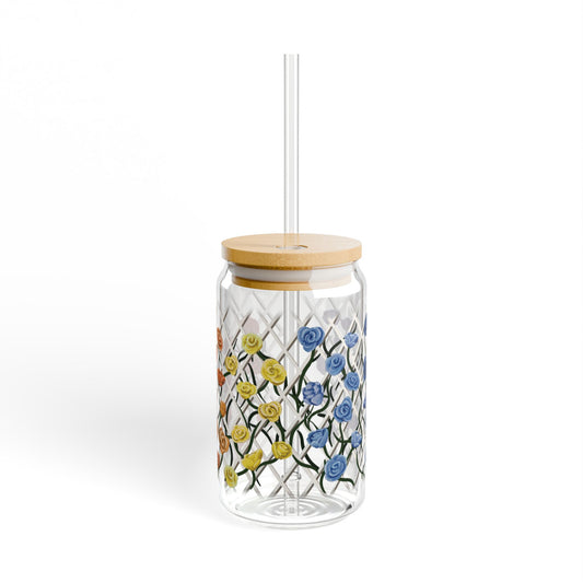 Rainbow Flower Sipper Glass – 16oz with Bamboo Lid & Straw