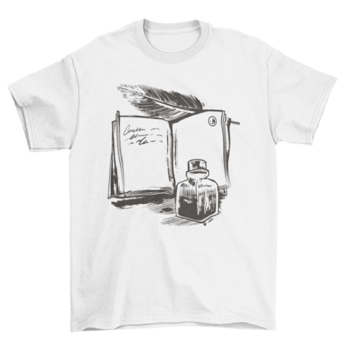 Open Book and Ink Jar Design | T-Shirt | White | Bookish Nostalgia