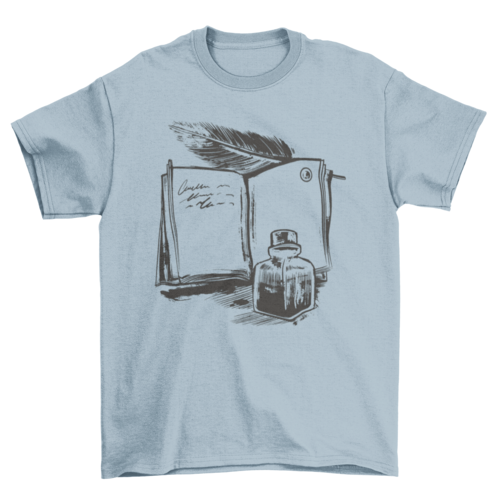 Open Book and Ink Jar Design | T-Shirt | Light Blue | Bookish Nostalgia