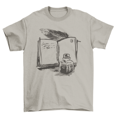 Open Book and Ink Jar Design | T-Shirt | Sand | Bookish Nostalgia