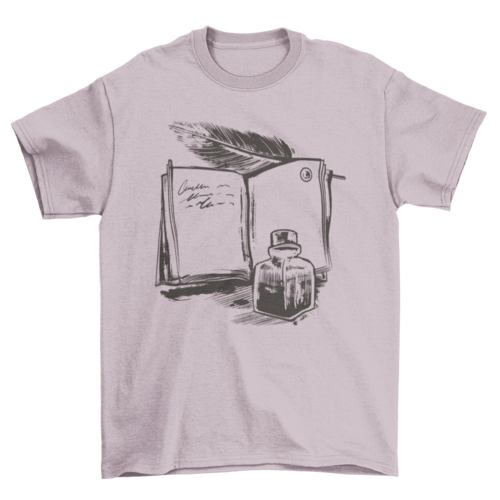 Open Book and Ink Jar Design | T-Shirt | Light Pink | Bookish Nostalgia