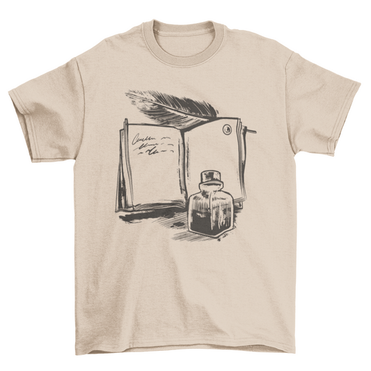 Open Book and Ink Jar Design | T-Shirt | Natural | Bookish Nostalgia