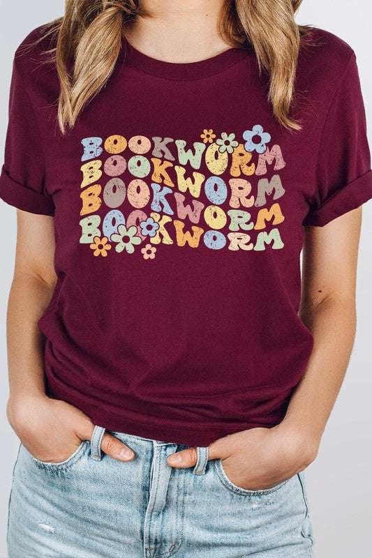 Book Worm Reading Floral Graphic Tee | Heather Maroon | Bookish Nostalgia