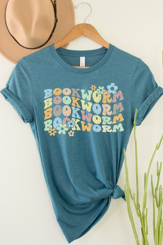 Book Worm Reading Floral Graphic Tee | Heather Deep Teal | Bookish Nostalgia