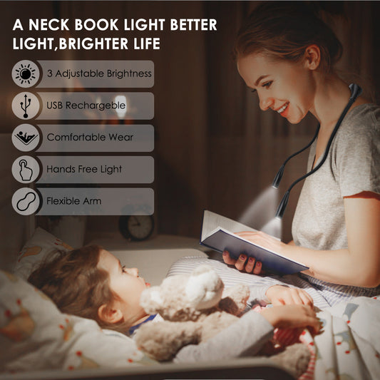 Led Neck Hanging Night Reading Lamp | Features - 3 Adjustable Brightness, USB Rechargeable, Comfortable Wear, Hands free, Flexible Arm | Bookish Nostalgia light, 