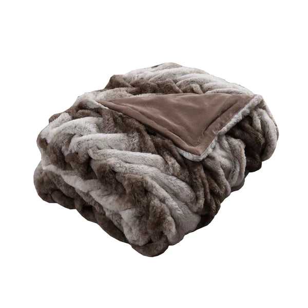Faux Fur Braided Reverse Flannel Throw - Brown And Gray - ShopCozyCorner