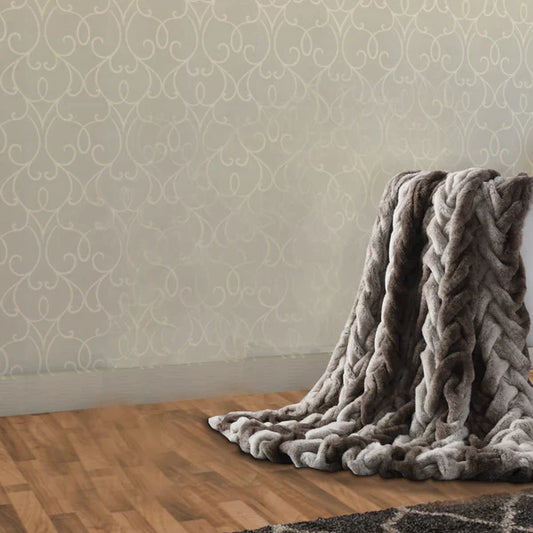 Faux Fur Braided Reverse Flannel Throw - Brown And Gray - ShopCozyCorner