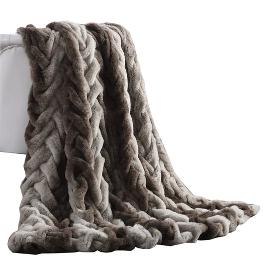 Faux Fur Braided Reverse Flannel Throw - Brown And Gray - ShopCozyCorner